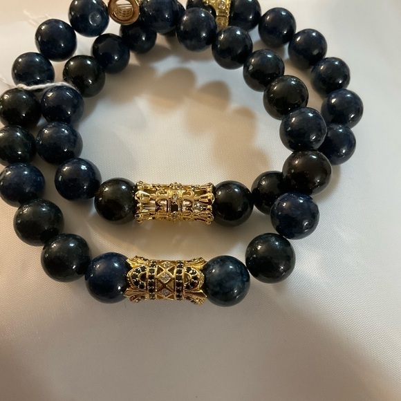 Hand Crafted Couple’s 2 Bracelets Blue Gemstone Pave King Queen Crown Rhinestone - Picture 5 of 11